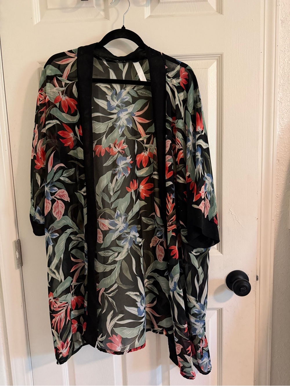 Black Floral Sheer Swim Cover-Up Kimono